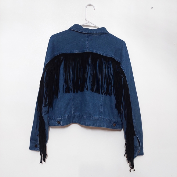 SHEIN Blue Jean Jacket with Black Fringe Western Rodeo Fun Festival - Picture 7 of 8